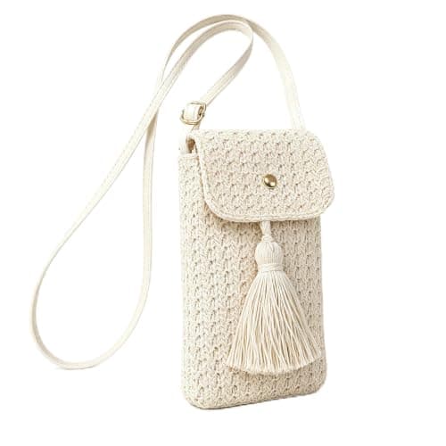 Dooaqiin Womens Small Straw Crossbody Phone Bag Bohemian Woven Cellphone Pouch with Tassel Adjustable Strap Summer Beach Holiday Handbags