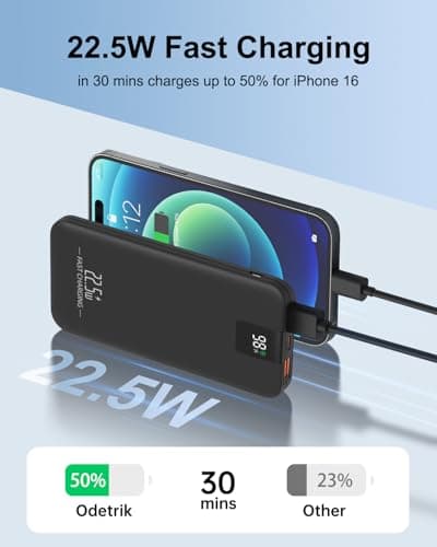 Odetrik Portable Charger 10000mAh 22.5W Power Bank, Fast Charging External Battery Pack with 3 Outputs & 2 Input, Type-C In/Out, LCD Display Slim Portable Phone Charger for Smartphone, Tablets (Black) — view 2