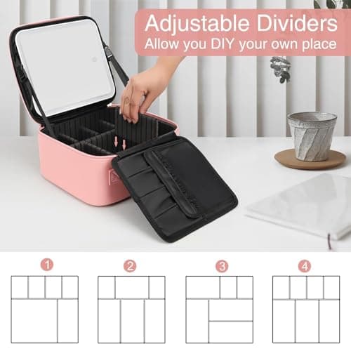 Makeup Bag with LED Mirror-3 Colors Modes Travel Makeup Organiser Pink — view 6