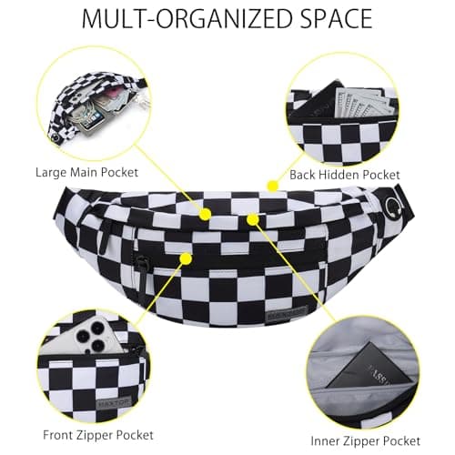 MAXTOP Large Bumbag Waist Fanny Pack Running Belt for Men Women Unisex Bum Bag with Headphone Jack and 4-Zipper Pockets Adjustable Belt for Travel Running Jogging Workout Hiking Gifts Checkered — view 3