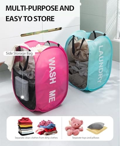 KIAYOO Collapsible Laundry Basket,75L Large Washing Basket Foldable Folding Dirty Clothes Hamper with Side Pocket Bag,Pop up Washing Bin Bag for Bathroom,Bedroom,College Dorm,Hotel,Travel,Blue — view 4