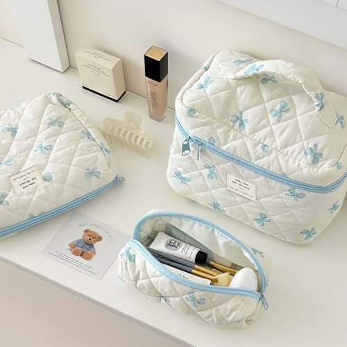 Aucuu 3PCS Coquette Makeup Bag, Quilted Makeup Bag for Women, Floral Cotton Cosmetic Bag Set, Large Capacity Aesthetic Floral Toiletry Bag, Travel Toiletry Bag, Wash Organizer Pouch for Women Girls — view 6
