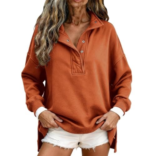 Warm Sweatshirt Women Oversized Henley Neck Long Sleeve Pullover Jumper — view 3