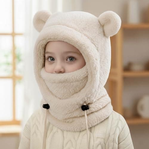 DRESHOW Balaclava Thermal Kids Windproof Fleece Ski Balaclava Winter Neck Warmer Hood Ski Fleece Hat with Cute Fluffy Ears for Girls Cycling Skating Hiking Outdoor Above Age 3 and Under Age 10 — view 2