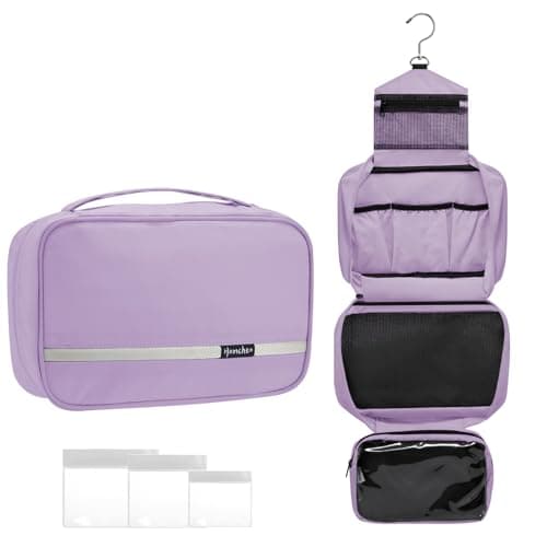 homchen Hanging Toiletry Bag Travel Kit for Men Women, Upgrade Large Capacity Wash Bag Makeup Bag with 4 Compartments, Foldable Compact Size (Light Purple)
