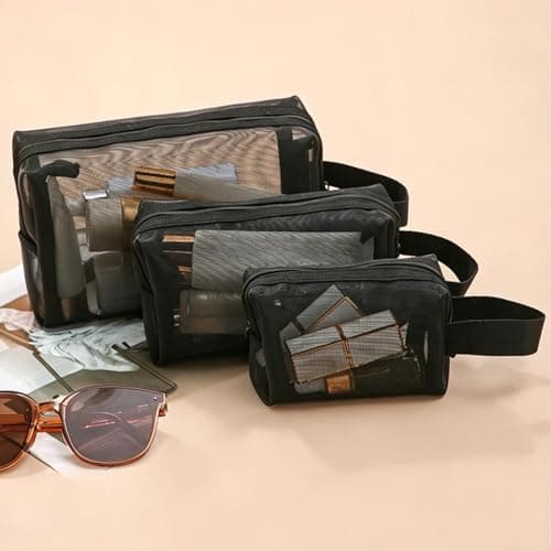 Mesh Makeup Bags With Zipper Portable Travel Accessories Set Of 3, Black — view 5