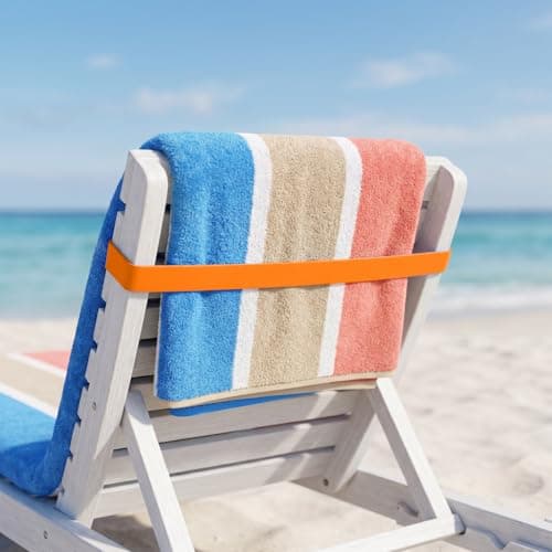 KIPTVO 6 Pcs Beach Towel Bands, for Sun Loungers & Cruise Chairs, Resilient Towel Straps, Great Alternative to Beach Towel Clips for Pool, Beach & Outdoor Use,Red, Yellow, Orange, Green, Blue, Purple — view 3