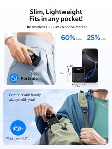 Power Bank 10000mAh,22.5W PD Fast Charging Portable Charger Built-in 2 Cables,USB C Battery pack,Mini Powebank Charger for iPhone 17 16 15 14 13 12 Plus Pro Samsung iPad Small - Size (73x62x26.5mm) — view 2
