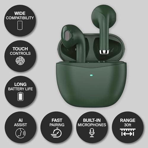 WATCHEM Wireless Earbuds Green – Bluetooth 5.0 TWS In-Ear Headphones, IPX5 Waterproof Earphones, Fast Charging Case, Lightweight, Stylish, Small Fit, Sports & Gym Ready — view 4