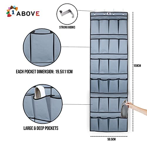1ABOVE Hanging Shoe Rack over Door Shoe Storage Organiser Holder Tidy with Large Fabric Pockets Shoe Hanger, Grey (24 POCKET) — view 5