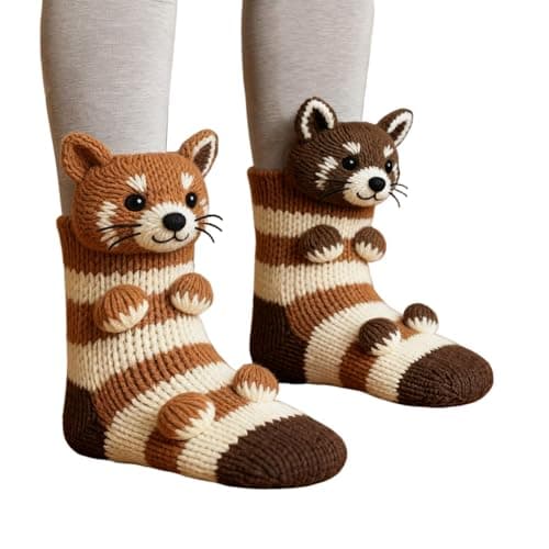 Raccoon Brown 3D Knit Animal Socks 2026 New Novelty Floor Sock for Christmas Cute Hand Crochet Winter Warm socks Adults Breathable Black White Crocheted Stockings Wine Orange Blue Anti Sweat Design