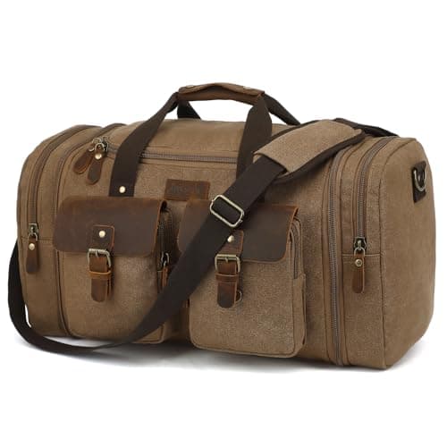 Imyth 60L Large Capacity Leather Duffle Bag - Classic Vintage Expandable Canvas Weekend and Overnight Travel Bag, Airplane Carry-On Luggage(Coffee)