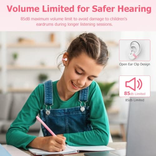 iDIGMALL Kids Wireless Earbuds, Open Ear Clip On Headphones for Teen, Pink — view 2