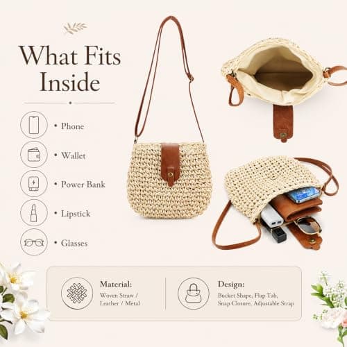 Straw Bag for Women，Beach Woven Straw Crossbody Bag with Adjustable Strap — view 5