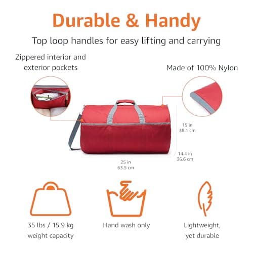 Amazon Essentials 25" (63.5cm) Large Foldable Nylon Duffel Bag for Travel/Storage with Zipped Pockets, 35 pounds (15.9 kg) Capacity, Red — view 2