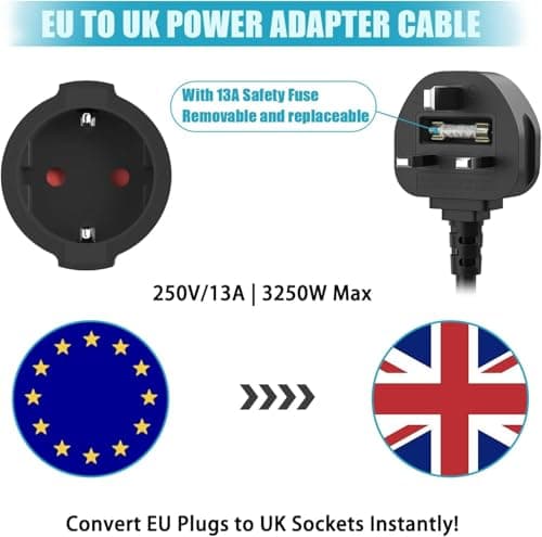 HITRENDS EU to UK Plug Adapter | 25CM Short Cable | With 13A Fused | Converts EU 2-Pin to UK 3-Pin | 250V/13A, 3250W for Power Tools & Appliances, Black — view 2