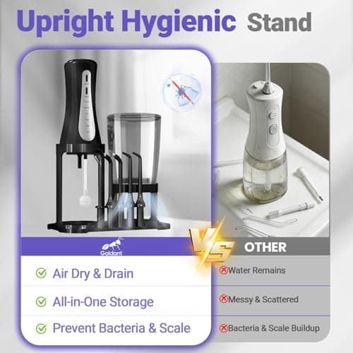 GOLDANT 2026 New 350ML Water Flosser with Drainage & Storage Stand, Keeps Dry & Clean, Travel Bag, 5 Modes, 360°Nozzle, Cordless Rechargeable, IPX7 Waterproof, Portable for Home & Travel (Black) — view 2