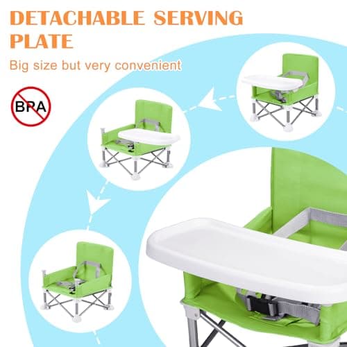 Colcolo Baby Seat Booster Toddlers Dining Seat Removable Tray with Travel Bag, Aluminum Alloy Baby Camping Chair with Tray Portable Folding Booster Feeding Chair for Children Toddlers Infants, Green — view 3