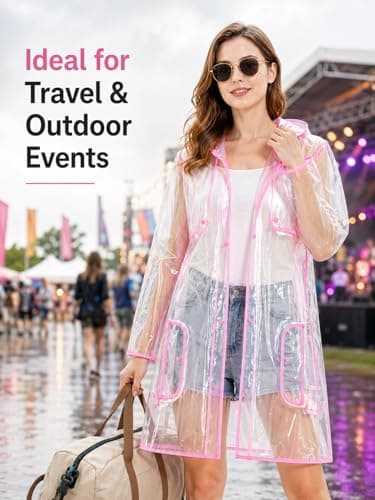 shelikes Women’s Raincoat Transparent Waterproof Rain Mac Jacket Clear Lightweight Raincoats with Hood & Pockets for Camping Outdoor Events & Travel Neon Pink — view 5