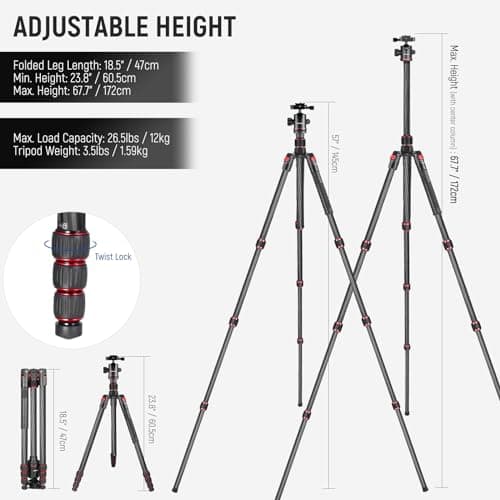 NEEWER 66"/168cm Carbon Fiber Camera Tripod with 360° Ball Head, N55C — view 3