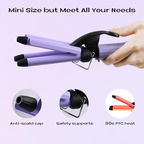 3 Barrels Mini Hair Waver for Short & Medium Hair, 13MM Curling Iron Curling Wand, 0.45lb Lightweight, Mini Size Hair Curler, Travel Friendly-Purple — view 4