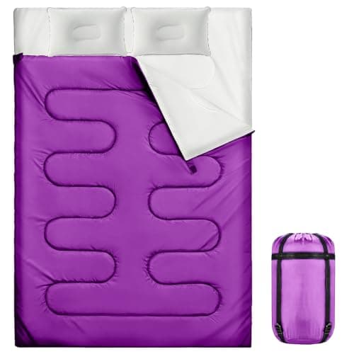 Sleeping Bag, 3-4 Season Double Sleeping Bag with 2 Pillows Camping Travel, Extra Large Lightweight Waterproof Indoor & Outdoor Use for Adults for Hiking, Backpacking and Camping (Purple Double)