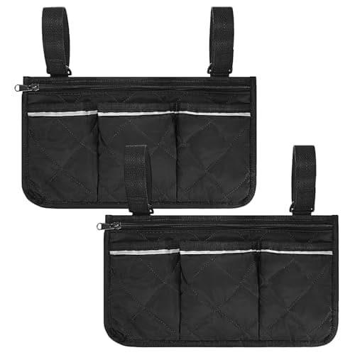 TIXIPEM 12.8"x7" Beach Chair Armrest Bag [2-Pack] - Waterproof Polyester Adjustable Straps Reflective Strip Beach Chair Organizer Use for Camping & Stadium & Patio Chairs [Black]