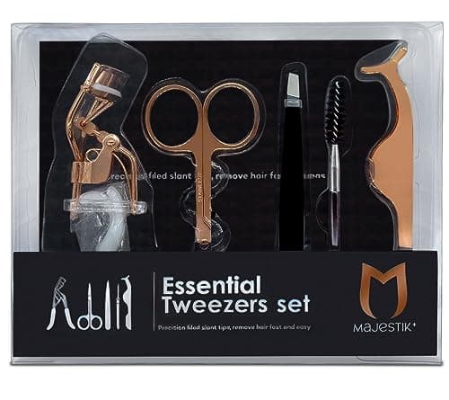 The Brow & Lash Rose Gold Set Eyelash & Eyebrow Tools Kit Includes Tweezers Lash Curler Spoolie Brush and Scissors Idol Gift for Women by Majestik+