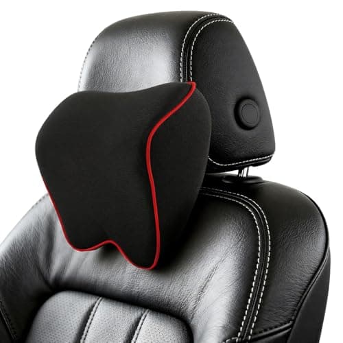 Alaoo Car Neck Support Pillow, Car Seat Headrest for Relieving Neck Fatigue with Adjustable Strap, Soft Memory Foam and Breathable Removable Cover for Passenger or Driver, Black with Red Trim