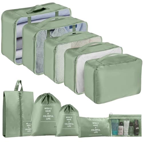 Packing Cubes for Suitcases, 10 pcs Packing Cubes Luggage Organiser Bags Travel Essentials Bags for Clothes Shoes Toiletries Travel Luggage Organizers Storage Bags-matcha green