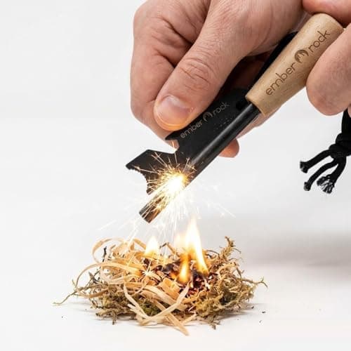Ember Rock Fire Stone - Premium Ferrocerium Magnesium Fire Starter Stick - Includes Scraper Tool Multi-Use Wooden Handle for Firm Grip - Essential Fire Starter for Survival Camping Kit — view 2