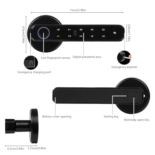 Fingerprint Door Lock, Smart Door Handle Lock with Keypad, Biometric Keyless Entry Door Knob for Home Office, Aluminium Alloy, Password IC Card Key, Type-C Emergency Power, Low Battery Alarm, Black — view 2