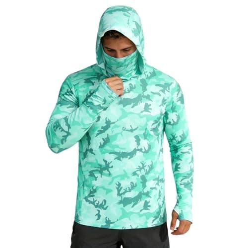 UPF 50+ Hoodie Men's Long Sleeve Rash Guard Breathable UV Shirt with Mask, mint green, M