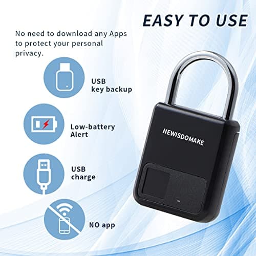 Fingerprint Padlock, Smart Padlock with USB Charging Support, Fingerprint Lock, Biometric Lock Suitable for Luggage, Bookcase, Suitcase, Backpack, Bike, School Locker, Gym Locker Lock(Black) — view 3