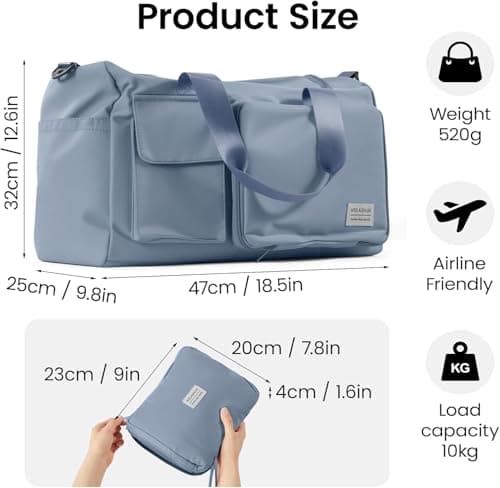 BREEZENEST Gym Bag Womens Foldable 48×27×32cm – Travel Duffel in Oxford Fabric, Gym Bag with Shoe Compartment & Maternity Bag (Blue) — view 3