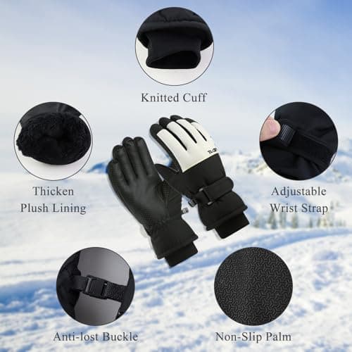 Andiker Ski Gloves Women, Warm Windproof Waterproof Thermal Glove with Thick Plush Lining Anti-Lost Buckle Non-Slip Palm Touchscreen Winter Gloves for Women Skiing Hiking Cycling (Black) — view 3