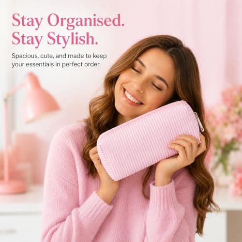 CAYLEKI Lightweight Nylon Pencil Case with Striped Design - Durable Stationery Organiser Bag for School, Work & Travel, Holds Over 30 Pens, Scratch-Resistant, Easy-Clean Textured Fabric (Pink White) — view 5