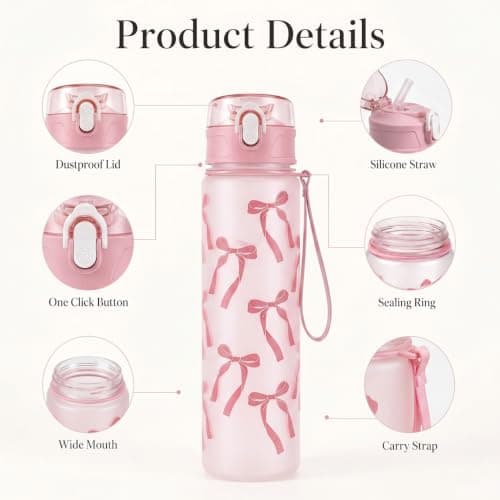 Pragma Pink Bow Sports Water Bottle with Straw & Lanyard, 750ml BPA Free Leakproof One-Click Flip Top Plastic Drinks Bottle for Cycling School Gym Travel Climbing Hiking Outdoor Gift for Women Girls — view 5