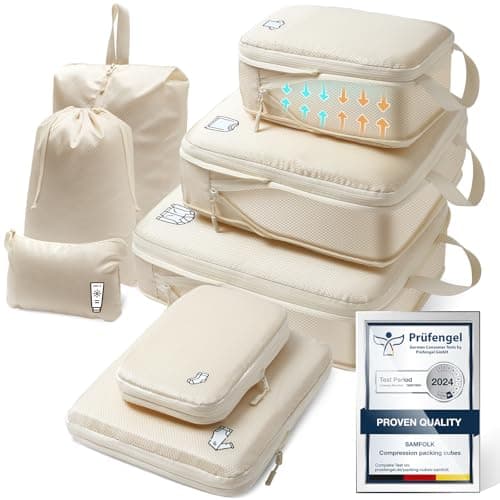 Samfolk Compression Packing Cubes for Suitcases Packing Cubes Compression Set Waterproof Suitcase Organiser Bags for Travel Suitcase Luggage Packing Organizer Bags Travel Essentials Cream 8 set