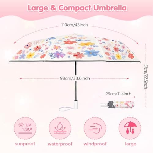 Decalsweet Kids Travel Folding Umbrella,Strong Windproof Automatic Compact Umbrella with Reflective Strips,UV Protection Sun Umbrella for Girls-Flowers — view 4