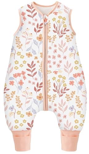 Chilsuessy Winter Baby Sleeping Bag with Feet 2.5 TOG Warm Baby Sleep Sack with Legs 100% Cotton Toddler Wearable Blanket Walker Sleep Sack for Boys and Girls, 2.5 Tog/Pink Plants, 80cm/2-3 Years