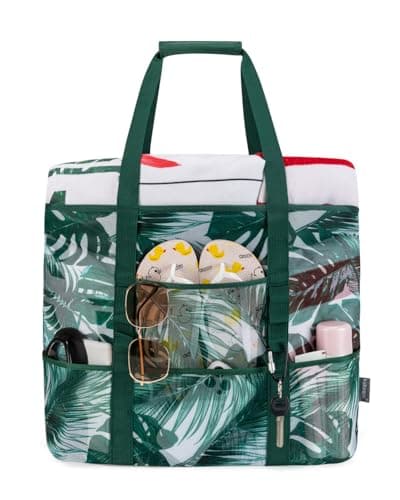 Large Beach Bag with Zip Mesh Beach Bags for Women Men Family, M Coconut