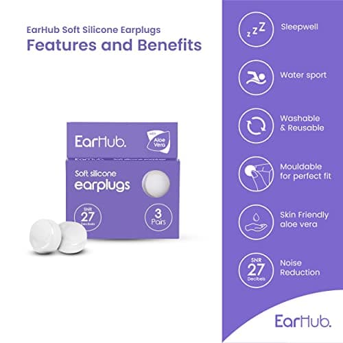 EarHub Sleepwell Soft Premium Silicone Earplugs 3 Pairs. Reusable & Custom Fit Silicone Ear Plugs. Best Used for Sleep. Also Used for Travel, Water Sports, Work, Study & Concerts. Travel case inc — view 3