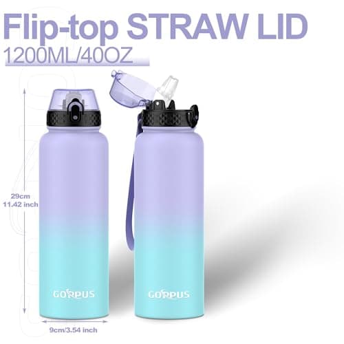 GOPPUS 1.2L/40oz Stainless Water Bottle with Straw Double Wall Insulated Bottles with Strap Large Vacuum Thermal Flask Leakproof Keep Cold Drinks Bottles with Flip Top Lid for Men Women BPA Free — view 3