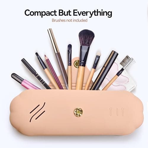 AWINNER Silicone Makeup Brush Holder Travel Cosmetic Bag,Soft Portable Cosmetic Face Brushes Holder with Anti-Fall Out Magnetic Closure, Large Travel Makeup Brush Case, khaki, Modern — view 2