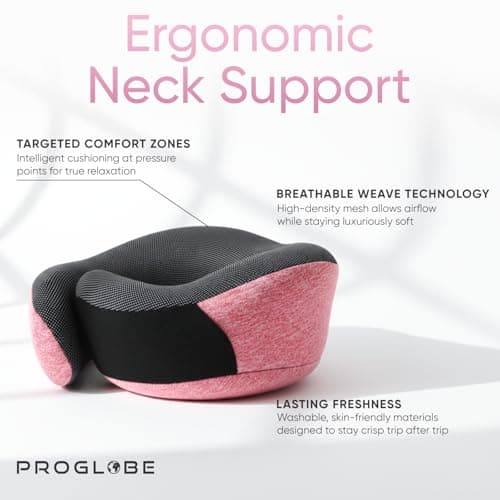 Proglobe Neck Pillow for Travel, Memory Foam, Long Haul Flights, Pink — view 3