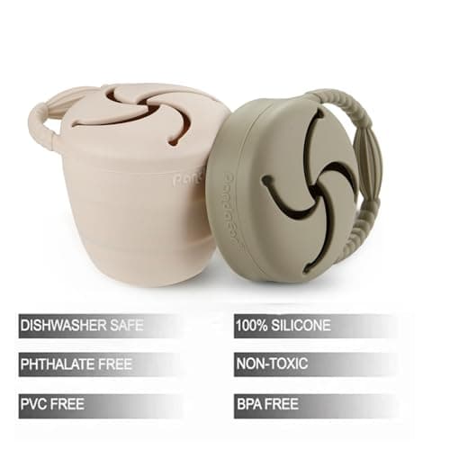 PandaEar 2 Pack Toddler Snack Pots, Collapsible Silicone Baby Snack Pots Cups, Spill Proof Toddler Snack Box Storage Container Food Catcher, Light Tan/Walnut — view 2