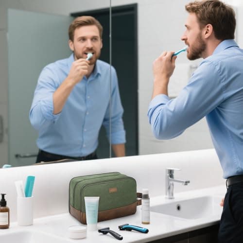 WANDF Toiletry Bag for Men, Travel Wash Bag with Handle, Water-Resistant Canvas Shaving Organiser, SBS Metal Zipper Dopp Kit for Makeup Bathroom Gym (Green) — view 5