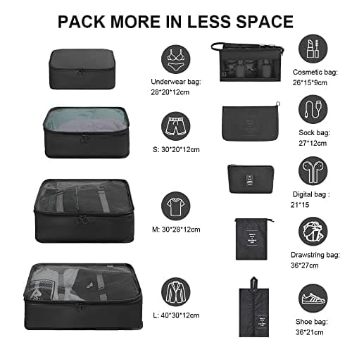OSDUE Packing Cubes for Suitcases, 9PCS Travel Luggage Packing Organizers Waterproof Travel Essentials Bag Accessories Clothes Shoes Cosmetics Toiletries Storage Bags(Black) — view 2