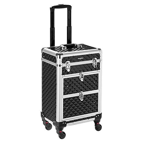 Bonnlo Aluminum Rolling Makeup Train Case, Portable Makeup Organizer Suitcase, Cosmetic Storage Box, Travel Beauty Luggage Trolley Lockable w/4 Removable Wheels & 2 Sliding Drawers -Black